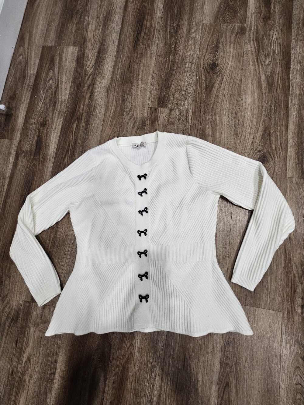 Nanette Lepore Ivory Ribbed Cardigan with Black Bow Buttons